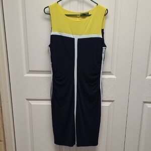 Ralph Lauren White, Yellow and Navy Bodycon Sleeveless Sleek Midi Dress 16